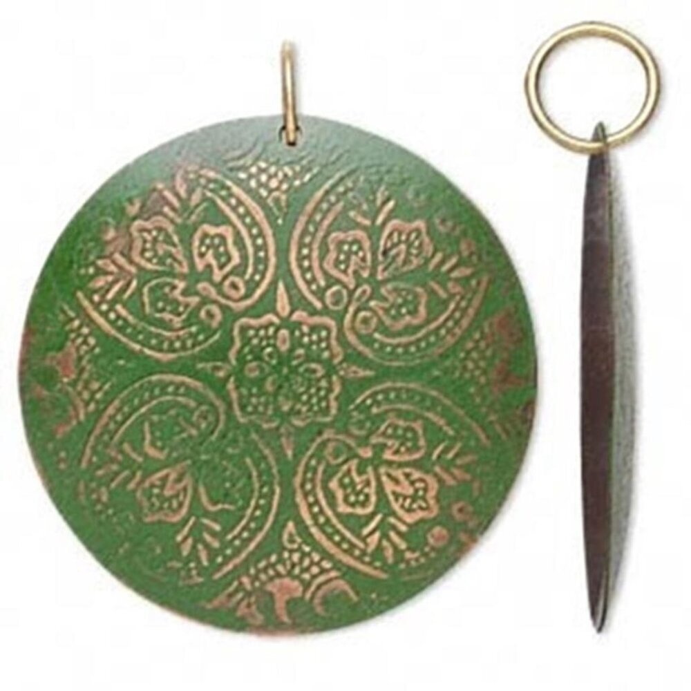 Rustic Antiqued Verdigris Patina India Brass Lotus Flower Mandala Pendant